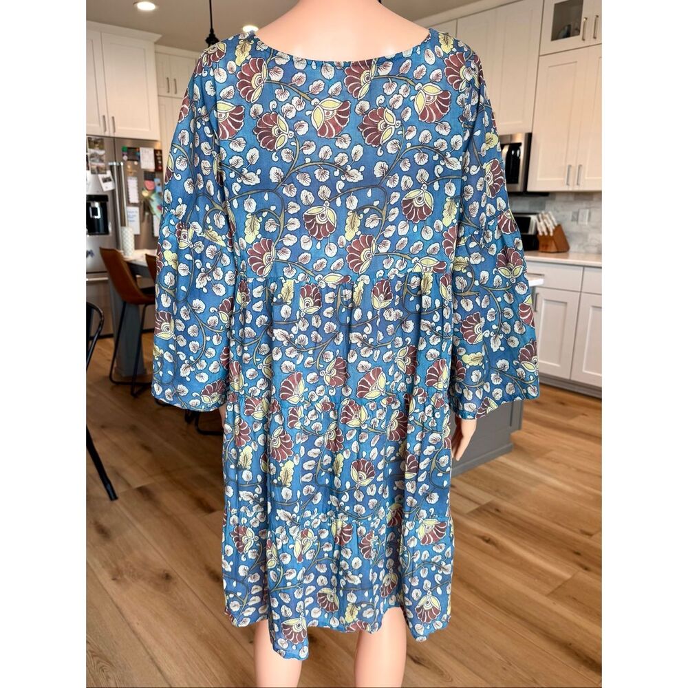 Natural Life Blue Floral Block Print Boho Tiered V-Neck Tunic Dress XL Sundress - Picture 4 of 6